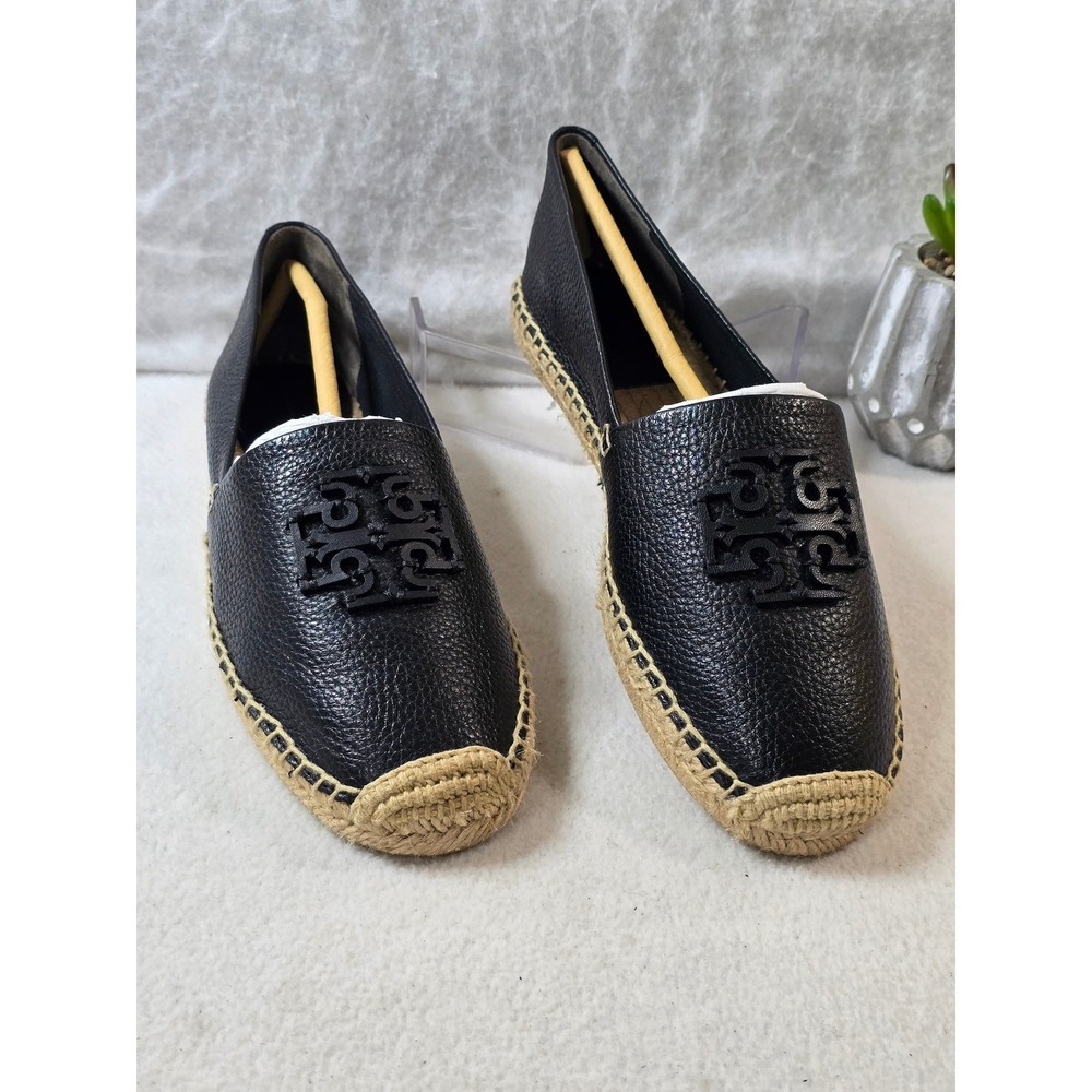 Tory Burch Espadrilles Leather Black Logo Slip On Loafers Shoes Size 8.5 - Picture 8 of 14